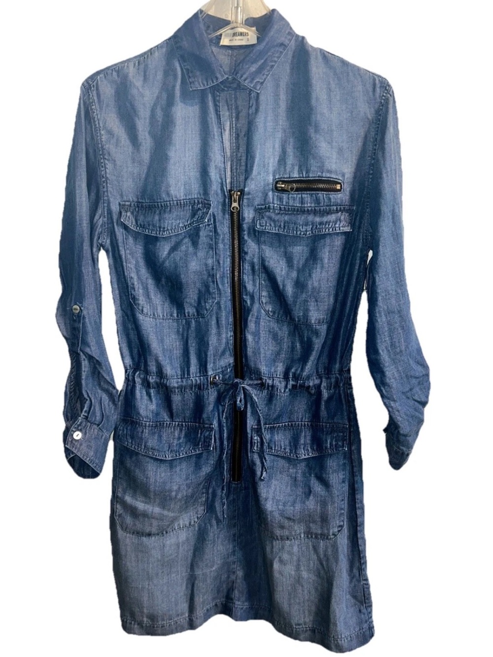 NWT 4OUR DREAMERS Tencel Lyocell Denim Shirt Dress Blue Size S Roll Tab Waist